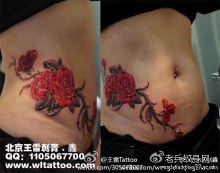 美女腹部潮流精美的玫瑰花纹身图片