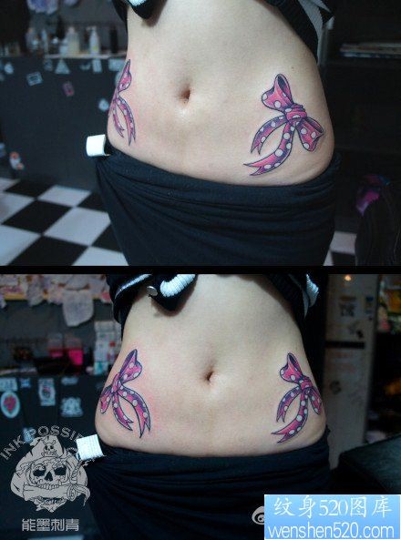 女人腹部潮流漂亮的蝴蝶结纹身图片