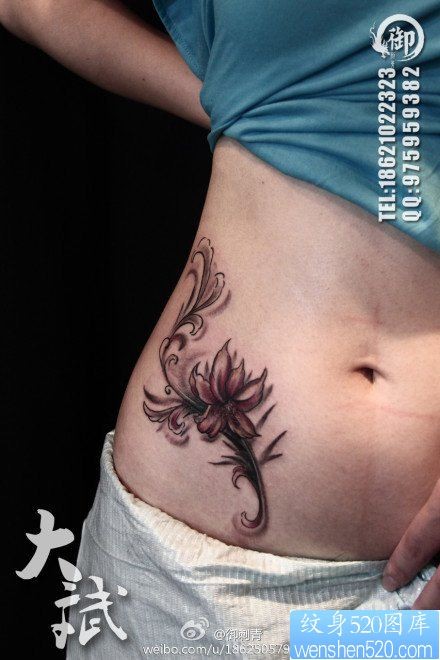 美女腹部潮流唯美的百合花纹身图片