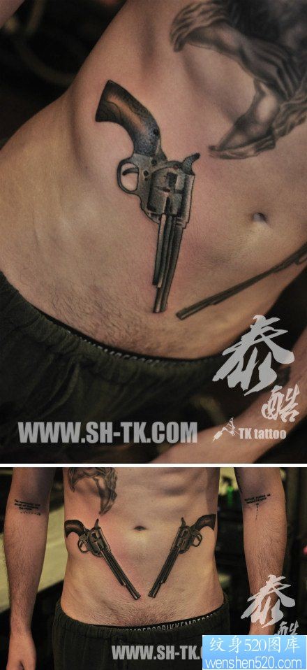 男人腹部时尚潮流的手枪纹身图片