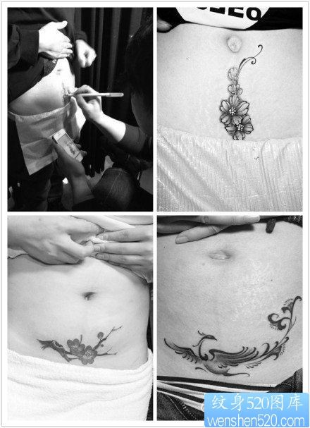 一组女性腹部精美的花卉凤凰纹身图片