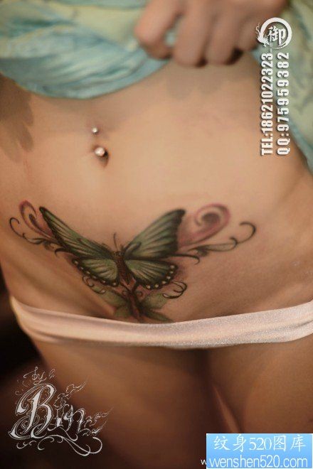 美女腹部唯美时尚的蝴蝶纹身图片