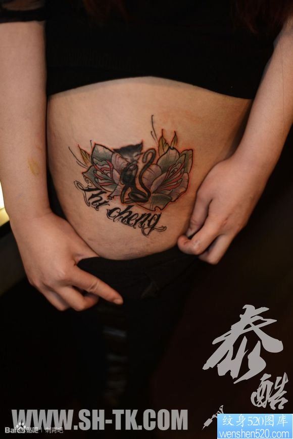 腹部小猫双玫瑰花英文字母纹身图片
