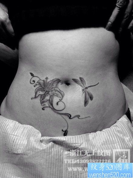 女性腹部时尚的黑白百合花与蜻蜓纹身图片