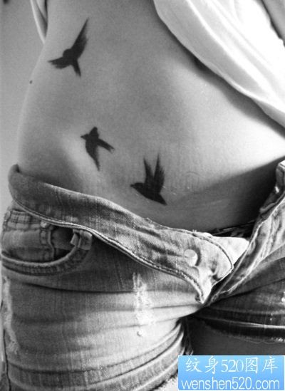 女孩子腹部图腾小鸟小燕子纹身图片
