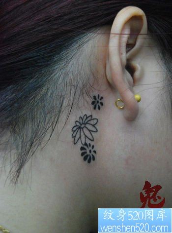 女人耳部简单的邹菊纹身图片