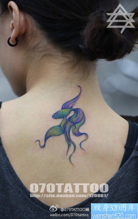 女人背部好看的小斗鱼纹身图片