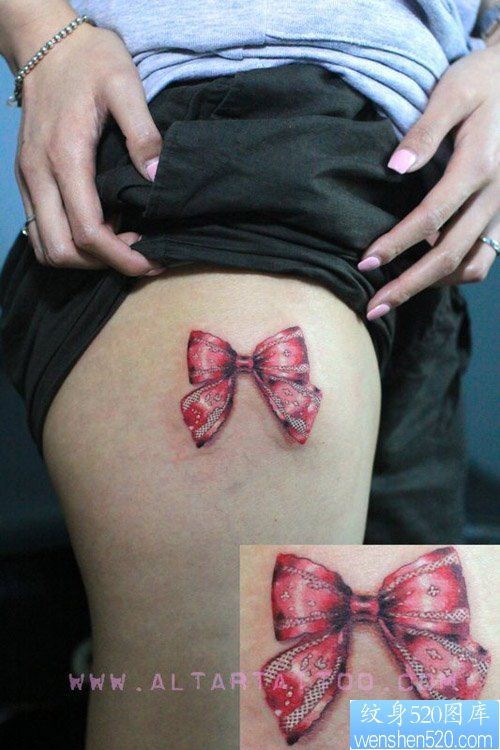 女人大腿处好看流行的蝴蝶结纹身图片