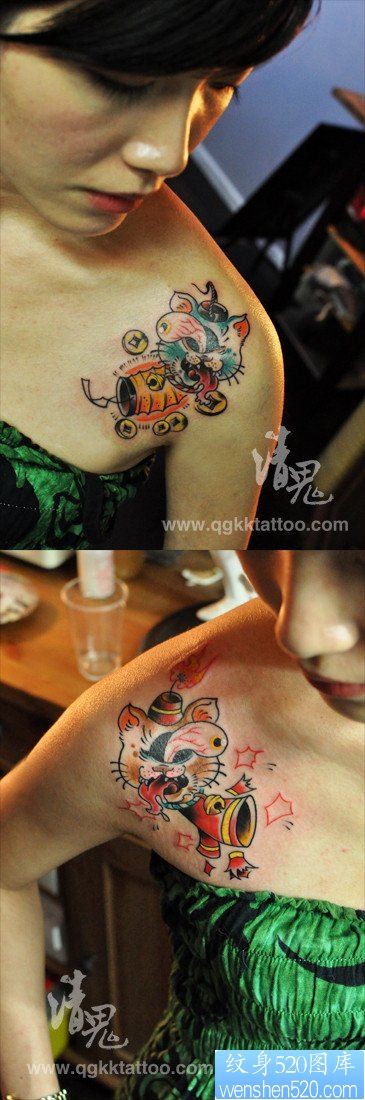 女人肩膀处可爱潮流的猫咪纹身图片