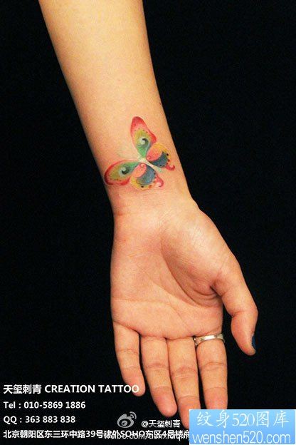 女人手腕潮流精美的彩色蝴蝶纹身图片