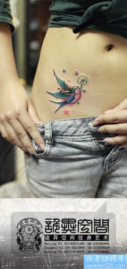 美女腹部漂亮流行的小燕子纹身图片