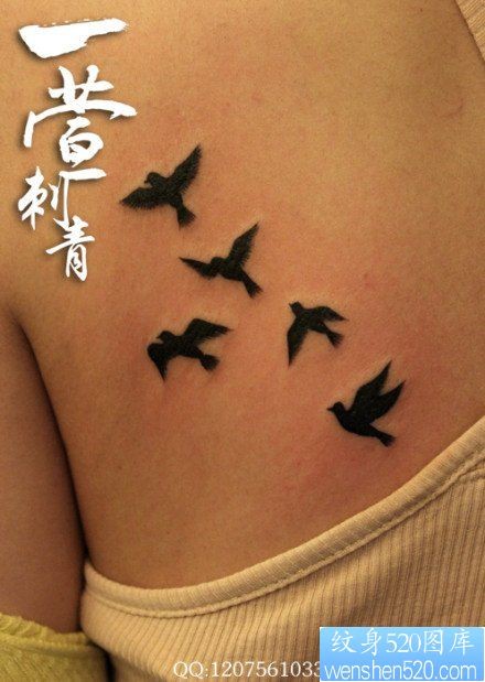 女人背部小巧潮流的图腾小燕子纹身图片