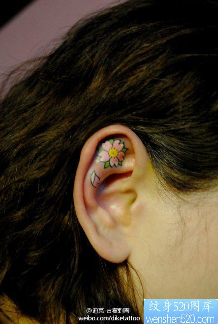 女人耳部小巧潮流的樱花纹身图片