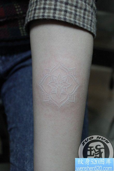 女人手臂小巧好看的白色花卉纹身图片