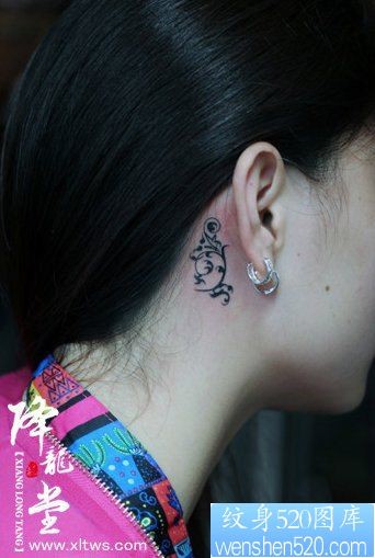 女人耳部小巧潮流的藤蔓纹身图片