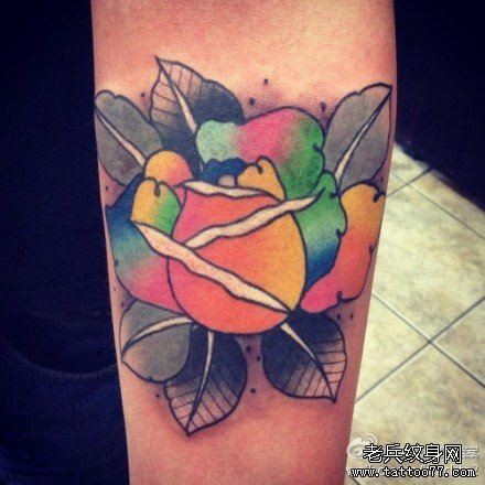 手臂好看潮流的彩色玫瑰花纹身图片