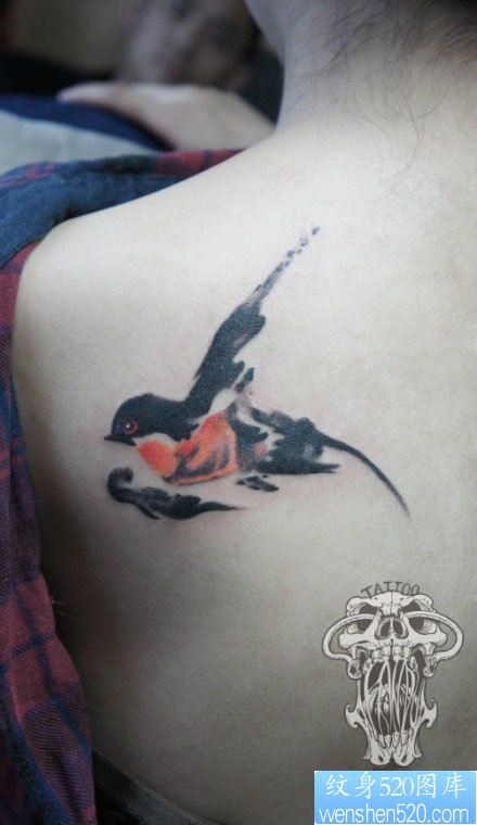 女人后背时尚唯美的水墨小燕子纹身图片