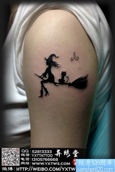 手臂可爱时尚的女巫与猫咪纹身图片