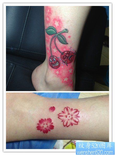 女人小腿小巧精美的彩色樱花纹身图片