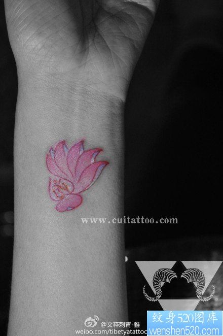 女人手腕小巧时尚的粉色莲花纹身图片