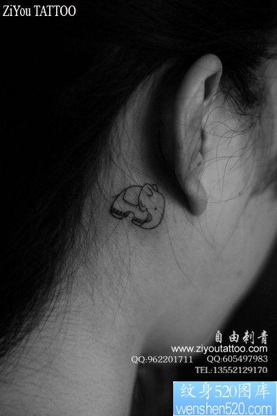 女人耳部小巧潮流的小象纹身图片