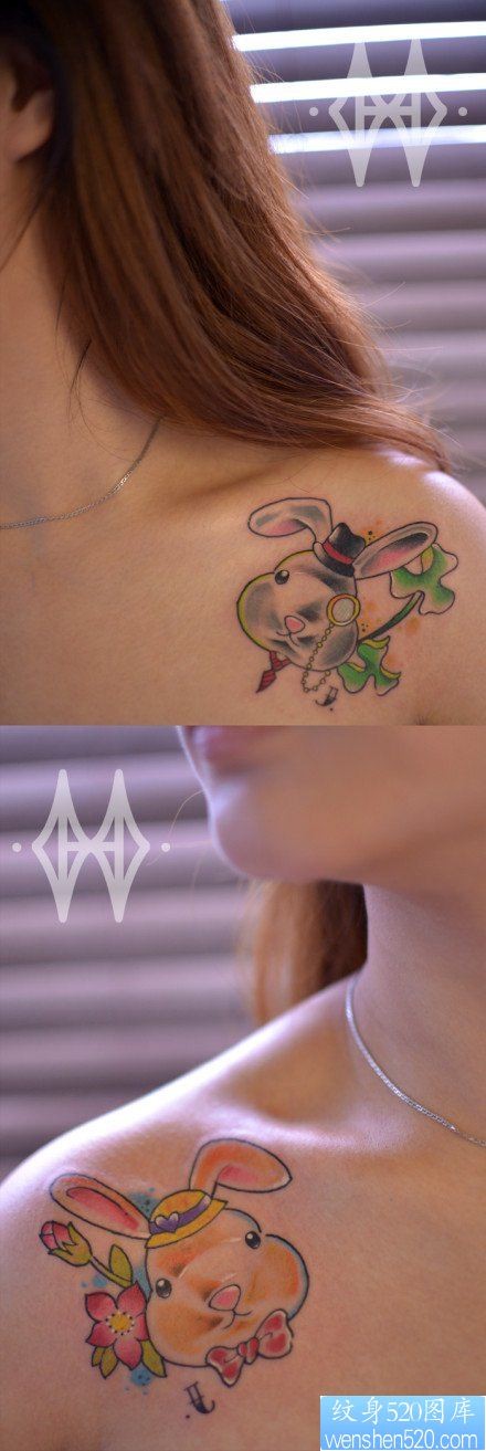 女人肩膀处很萌可爱的小兔子纹身图片
