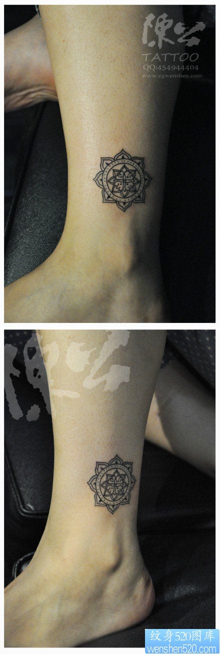 腿部一幅经典潮流的图腾花卉纹身图片