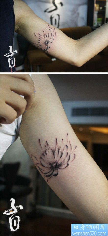 手臂内侧唯美时尚的黑白莲花纹身图片