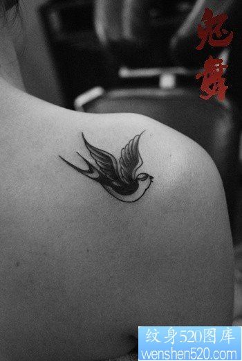 女人肩背处小巧唯美的黑白小燕子纹身图片