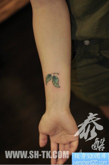 女人手臂小巧时尚的小树叶纹身图片