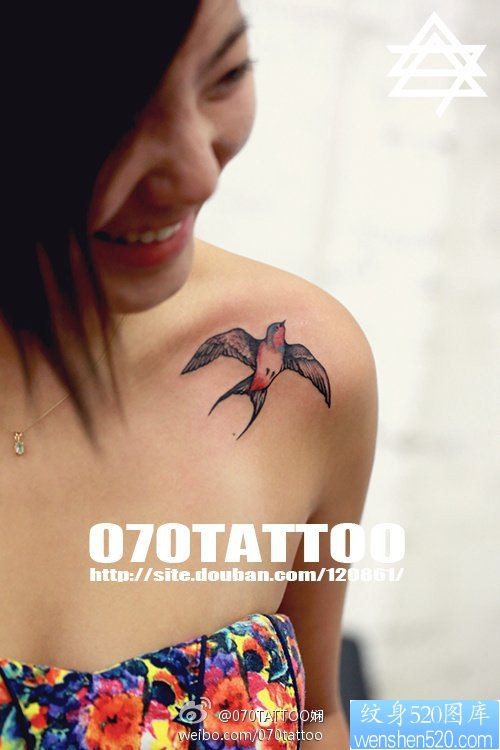 漂亮妹子肩膀上一幅潮流燕子纹身图片