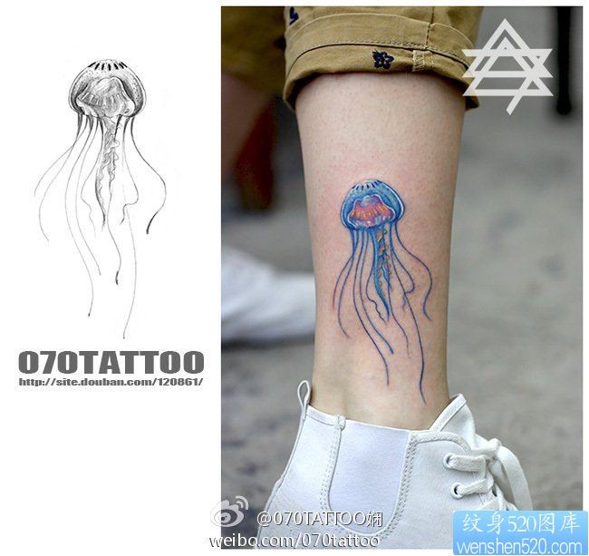 脚踝上一幅潮流漂亮的水母纹身图片