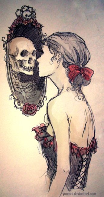 透过镜子看到以后的自己之美女和骷髅的纹身