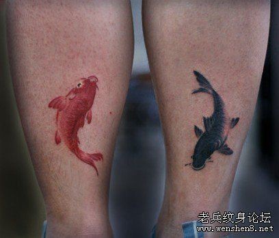 腿部情侣水墨画鲤鱼纹身图片