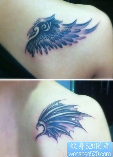 肩背一幅情侣天使恶魔翅膀纹身图片