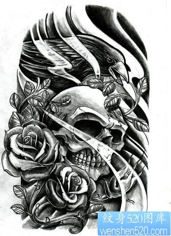 一幅欧美风格的骷髅头玫瑰花纹身手稿图片