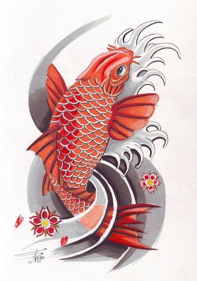 漂亮的红色鲤鱼纹身手稿