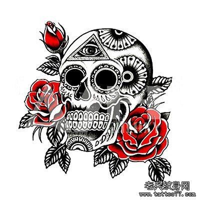 纹身520图库推荐一幅个性骷髅头玫瑰花纹身手稿图片