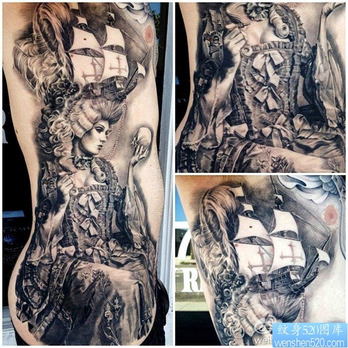纹身520图库推荐一幅腰部个性女郎帆船纹身图片