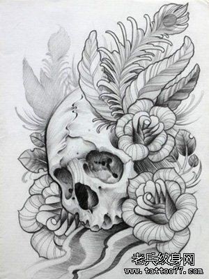 一幅schoo欧美风格骷髅头玫瑰花纹身图片