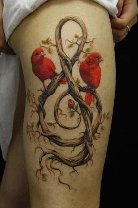 美女大腿纹身图案，小鸟纹身图案