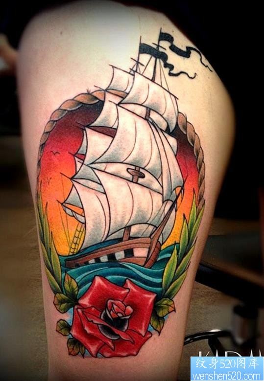 一幅腿部彩色school帆船纹身作品