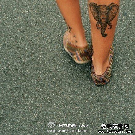 小腿部一款大象头像纹身作品