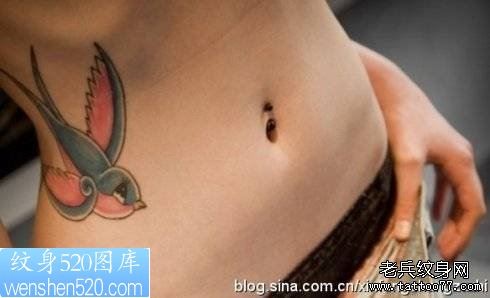 女人腰部彩色燕子纹身作品