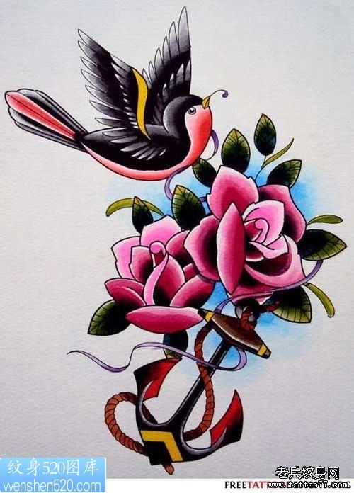 彩色玫瑰花船锚燕子纹身作品