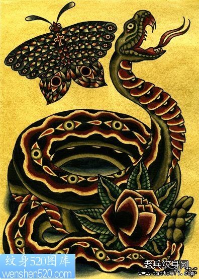 一幅蛇蝴蝶纹身作品