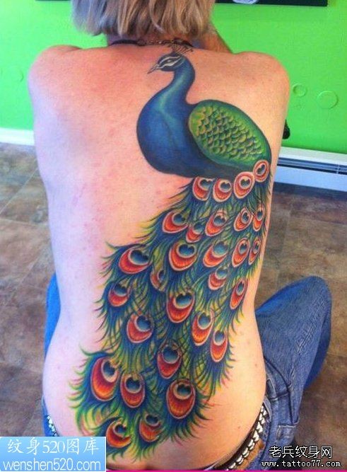 一幅女人满背彩色客气纹身作品