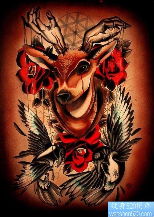 彩色小鹿玫瑰花纹身手稿作品