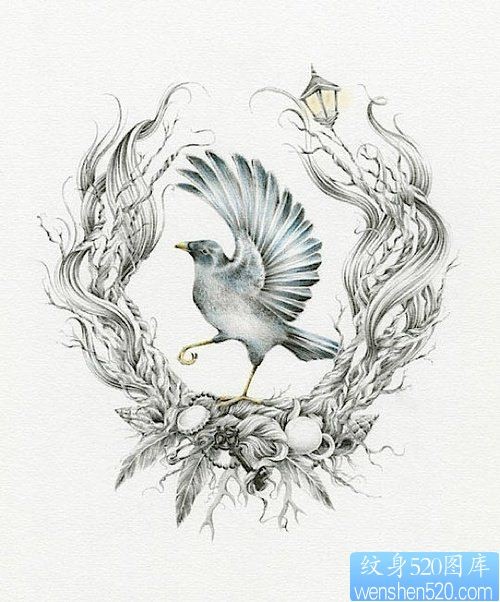 一幅鸟纹身手稿作品