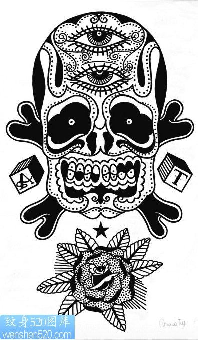 骷髅花创意纹身手稿图案